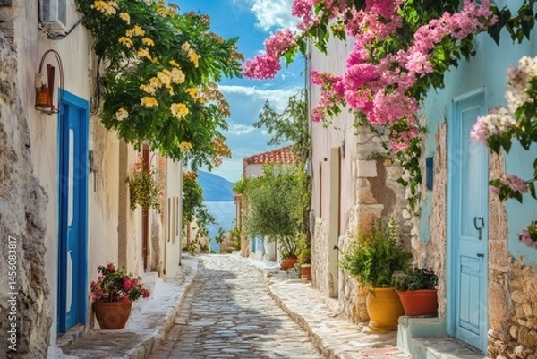 Obraz Colorful, flower-filled alleyway leading to a seaside town.  Bright pastel-colored buildings line the cobblestone path, adorned with vibrant flowers and potted plants.