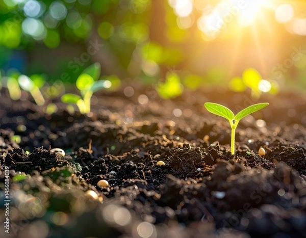 Obraz Close-up of seeds sprouting in soil with leaves emerging under sunlight
