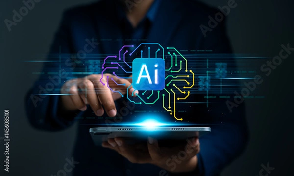 Fototapeta Businessman holding tablet displaying hologram of an artificial intelligence brain. Machine learning, Future digital transformation, Smart business solutions powered by innovation.