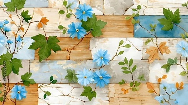 Fototapeta Watercolor Floral Design on Rustic Wooden and Stone Tile Background