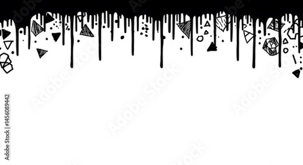Fototapeta Ink Drips and Geometric Accents: A stark and visually compelling artwork showcasing bold black ink drips cascading down, adorned with geometric shapes.