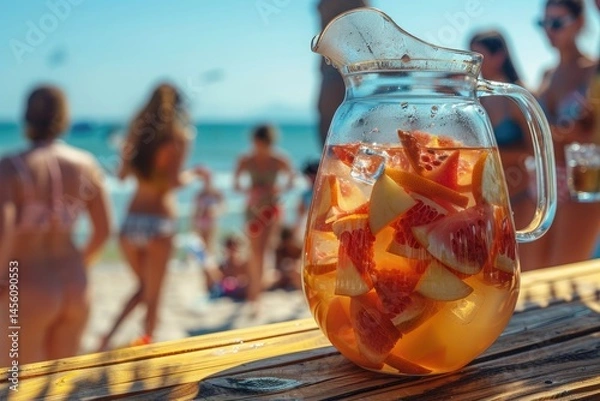 Fototapeta A transparent decanter with cooling drinks from tropical fruits and ice cubes stands on the bar counter of a beach cafe. Fruit punch. Summer refreshing drink for a party