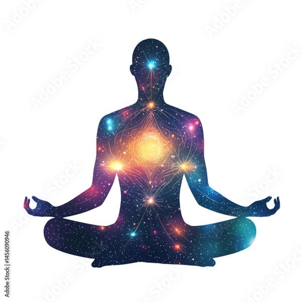 Fototapeta Yogi silhouette filled with cosmic design, representing peace and meditation, surrounded by stars and galaxies