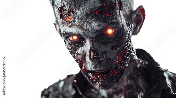 Fototapeta Closeup portrait of zombie character with glowing eyes, showcasing detailed textures and gruesome appearance. character has menacing expression