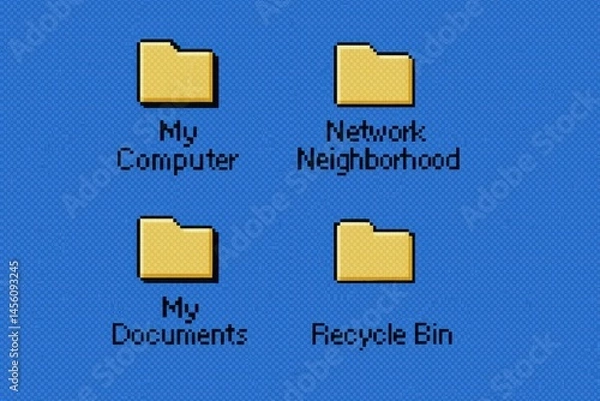 Fototapeta Windows 95 style graphics with folders, pixels and blue background	
