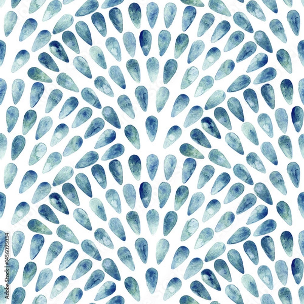 Fototapeta Seamless watercolor pattern with dynamic arch-shaped raindrops in blue and green tones. Perfect for bright backgrounds and modern designs. Hand-drawn.