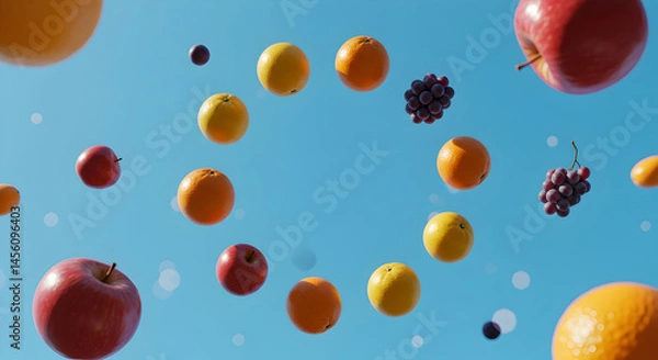 Fototapeta Fruitful Abundance Floating Against Azure Canvas For Refreshment Concept