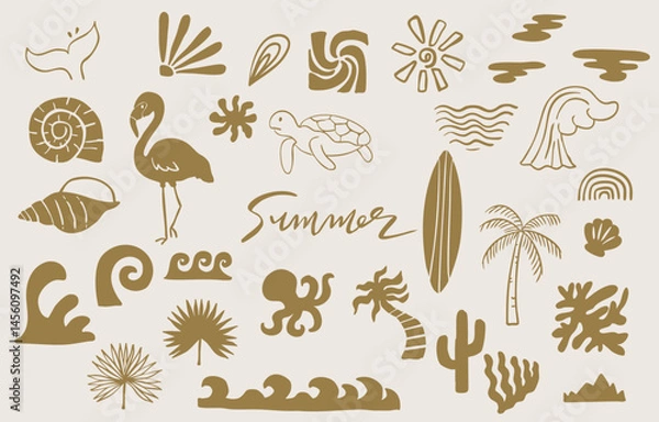 Obraz summer gold icon with shell,sea,wave,tree,fish tail for kid design