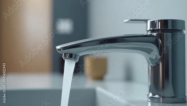 Fototapeta Modern faucet. Running water. Bathroom sink. Chrome finish. Minimalist design. Close-up shot. Clean environment. Water flow. Home improvement. Plumbing element. Interior decoration. Residential use. 