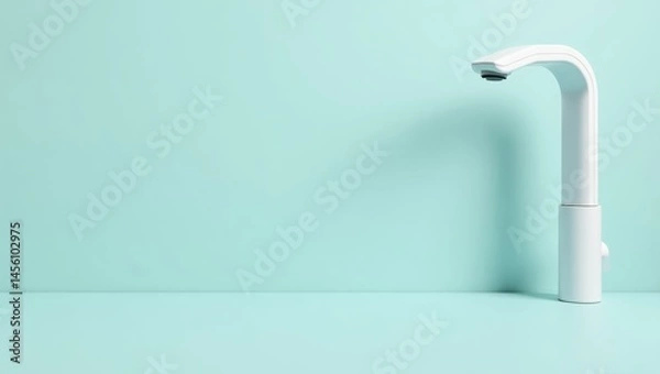 Fototapeta Minimal faucet. Soft background. Kitchen water. White modern. Clean style. Single handle. Smooth curve. Matte finish. Bright environment. Domestic use. Plumbing concept. Home improvement. Interior de