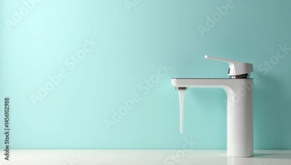 Fototapeta Minimalist faucet. Modern design. Single handle. White ceramic. Soft water flow. Bathroom sink. Clean surface. Light teal background. Plumbing fixture. Home improvement. Interior decoration. Stylish 