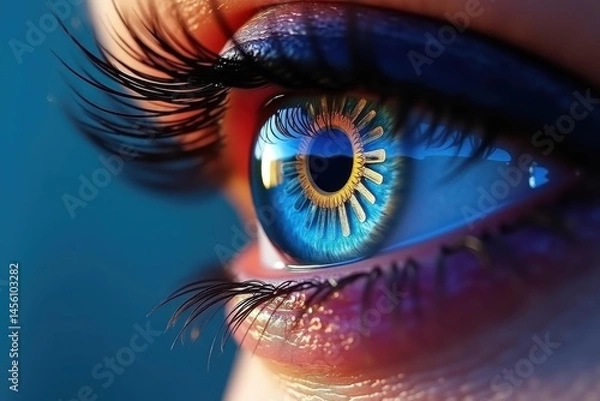 Fototapeta Bright eye. Blue iris. Macro shot. Long eyelashes. Human skin. Reflective surface. Detailed texture. Eye makeup. Close-up photography. Optical concept. Vision focus. Medical illustration. Dermatology