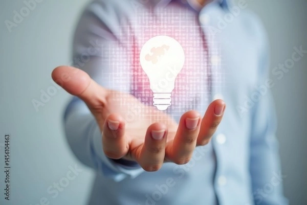 Fototapeta Businessman hand. Glowing bulb. Innovation concept. Abstract technology. Digital illustration. Startup idea. Creative symbol. Blue background. Corporate theme. Professional gesture. Modern design. Br