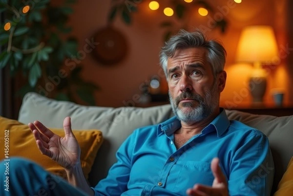 Fototapeta Casual man. Gray hair. Blue shirt. Indoor setting. Evening light. Home living room. Sitting on sofa. Gesturing hands. Thoughtful expression. Middle-aged male. Warm colors. Background lamp. Relaxed mo