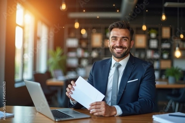 Fototapeta Business meeting. Confident man. Modern office. Formal suit. Smiling face. Documents holding. Laptop working. Professional environment. Natural light. Corporate setting. Article image. Marketing use.