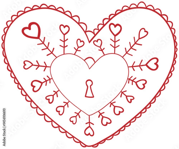Fototapeta Sticker image with a red heart-shaped pattern filled with symmetrical branches with leaves and surrounded by diverging lines.