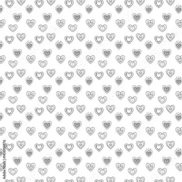 Fototapeta Background with hearts filled with symmetrical branches with leaves and surrounded by diverging lines.