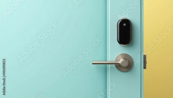 Fototapeta Smart lock. Modern design. Door handle. Technology asset. Home security. Residential use. Electronic access. Interior photo. Minimalist style. Soft colors. Contemporary mood. Security concept. Digita
