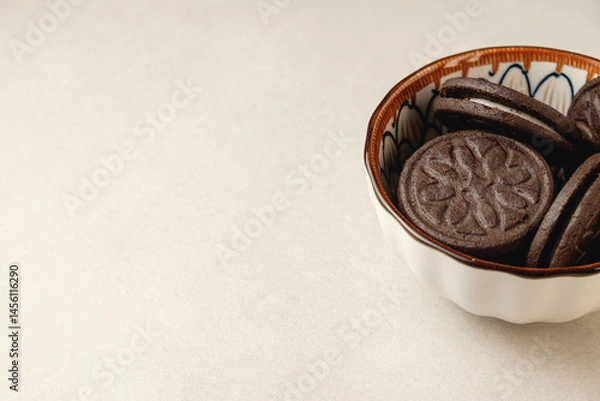 Fototapeta Delicious dark cookies resting in an elegant bowl on a light surface