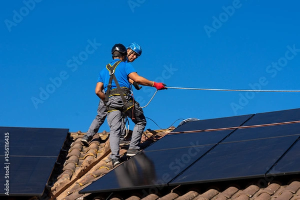 Fototapeta Workers installing solar panels on a roof on a sunny day