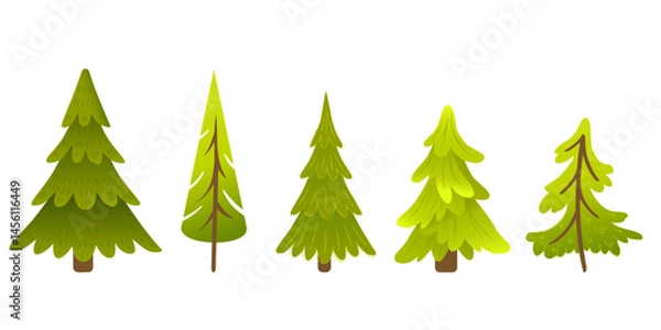 Fototapeta Set of cartoon fir trees. Cute green pine trees in flat style. Forest nature elements for kids design, winter decorations, game assets, woodland scenes and seasonal illustrations.