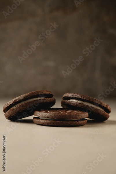 Fototapeta Delicious dark chocolate cookies stacked on a rustic surface in warm light