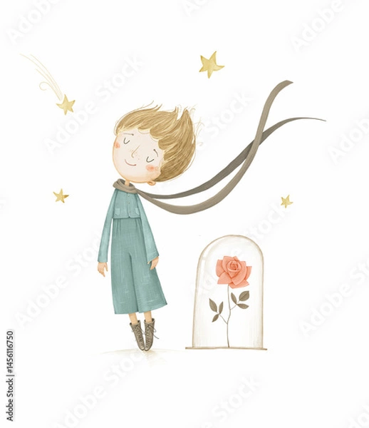 Fototapeta The little prince with a rose under a glass case on a white background. Stock illustration. White background.