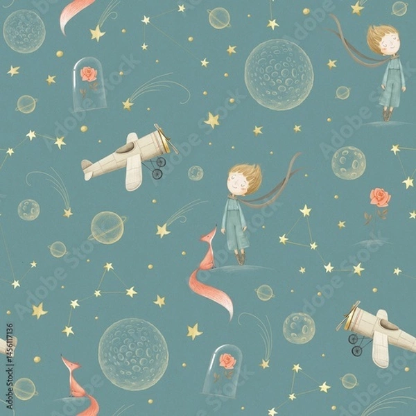 Fototapeta Little prince seamless pattern. Blue background. Stock illustration.