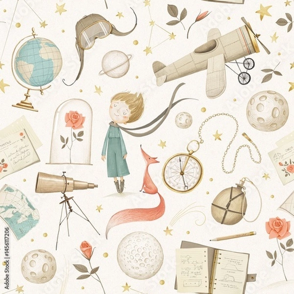 Fototapeta Little prince seamless pattern. Light background. Stock illustration.