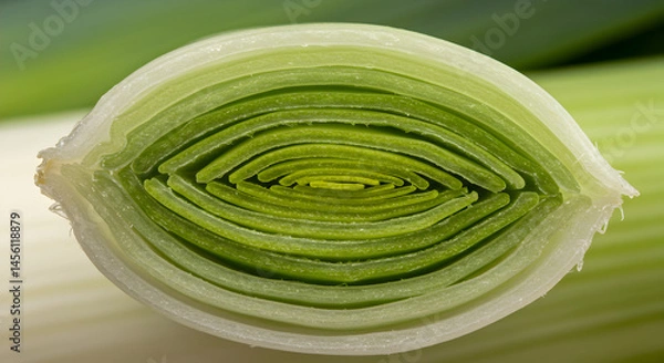 Fototapeta Macro Section Of A Fresh Leek Revealing Internal Layers In Detail