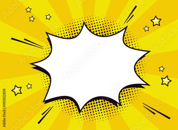 Fototapeta Blank comic speech bubble template for text in retro pop art style with halftone dots, stars, quotation marks and ray background. Vector illustration.
