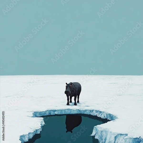 Obraz Minimalist art, a hippopotamus standing in the middle of an ice glacier
