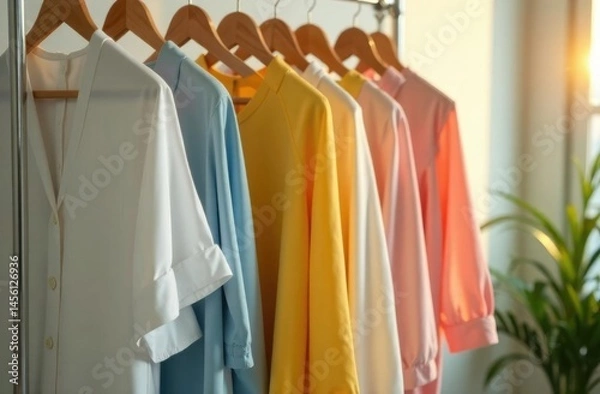Fototapeta A minimalist clothes rack featuring pastel-colored garments, including dresses, blouses in white, blue, yellow and pink pastel shades, and free space for text