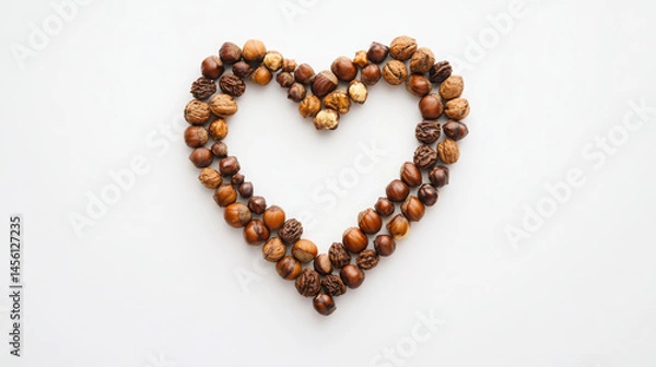Fototapeta Nutty Love: Heart Made of Different Nuts on White Background (Flat Lay)

