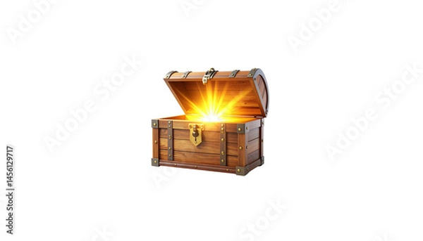Fototapeta wooden treasure chest is open, revealing bright, glowing light emanating from within. chest features metal accents and classic design, evoking sense of adventure and mystery