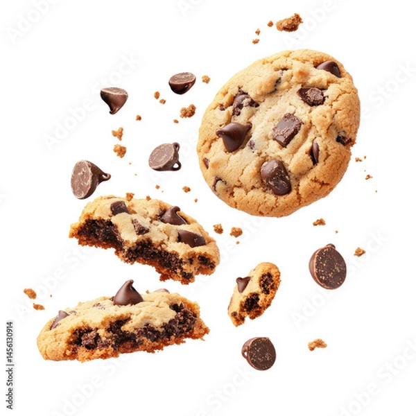 Fototapeta Flying Chocolate Chip Cookies with Crumbs Isolated on White Background