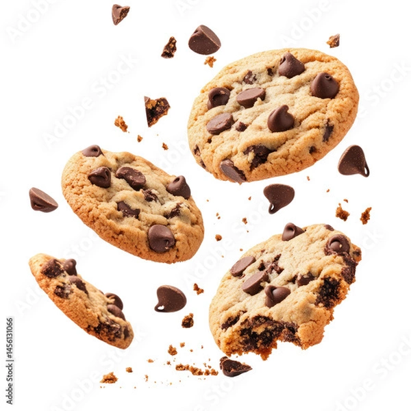 Fototapeta Flying Chocolate Chip Cookies with Crumbs Isolated on White Background