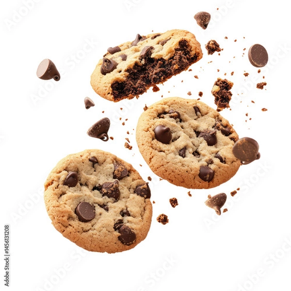 Fototapeta Flying Chocolate Chip Cookies with Crumbs Isolated on White Background