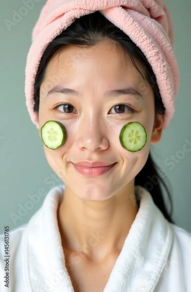 Obraz A young woman with cucumber circles on her face (Asian, about 25 years old, delicate features, high cheekbones, straight nose, full lips with a slight smile, black eyebrows).