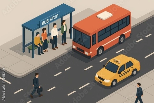 Fototapeta Isometric bus stop with passengers and vehicles