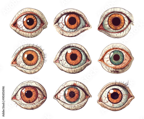 Fototapeta Cartoon human eye with optic nerve. Scary zombie halloween view body part, terrible frightening creepy look orb isolated vectors on white background