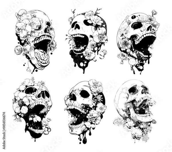Fototapeta Color ink sketch skull with flower petals. Skeleton head bone sprouting plants and deceasing in plague, japan horror graphic creepy concepts for comic or manga isolated vectors on white background