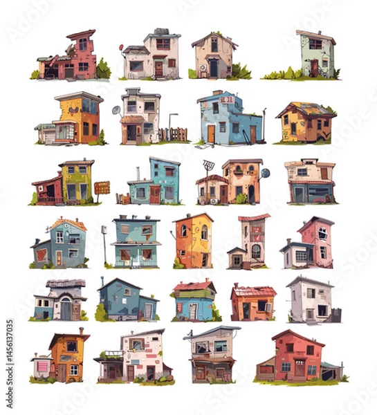 Fototapeta Poor dirty houses cartoon vector set. Slums area old broken buildings ruin shacks ghetto cheap criminal abandon junkyard architecture, illustrations isolated on white background