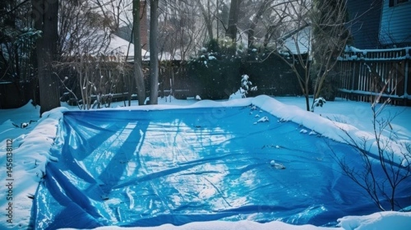 Fototapeta Winter slumber: Snow-covered pool, dormant beneath a cerulean tarp awaiting summer