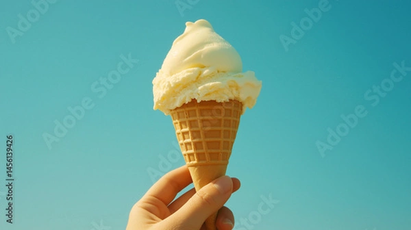 Fototapeta Close-up of a hand holding a vanilla ice cream cone against a clear turquoise summer sky. Perfect for use in advertising desserts, cafes, summer campaigns, or vacation promotions. Generative AI.