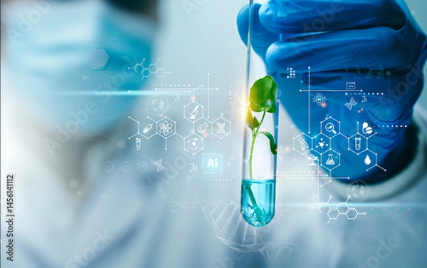 Fototapeta Scientist used biotechnology, ai technology, and dna plant in tube of scientific lab for medical research and Plant genetics development in Food industry. science chemistry in laboratory