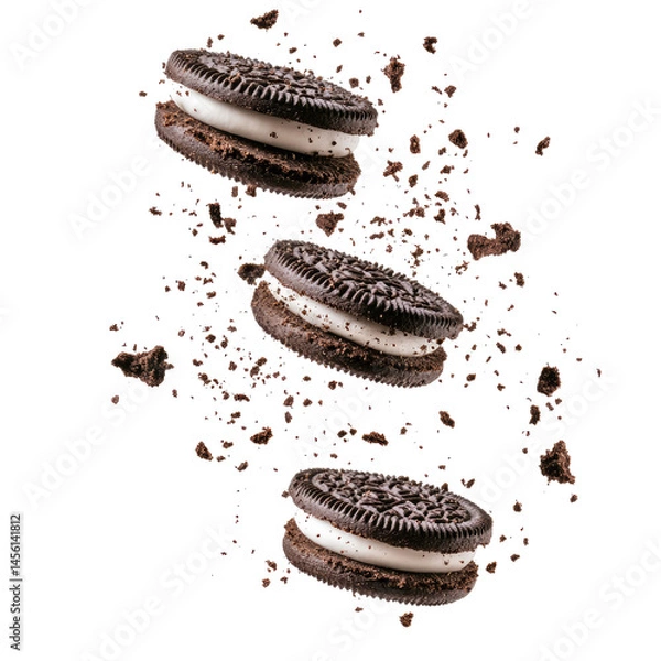 Fototapeta Flying Oreo Cookies with Crumbs Isolated on White Background