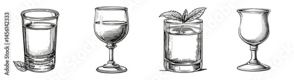 Fototapeta Hand-Drawn Illustrations of Various Drinking Glasses and Beverages, Logo Design, Hand drawing Engraving, Vector Illustration Isolated Object
