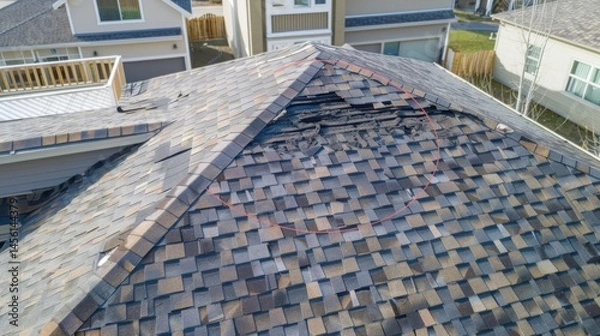 Fototapeta Damaged Roof Structure Showing Shingle Deterioration and Need for Repair Work
