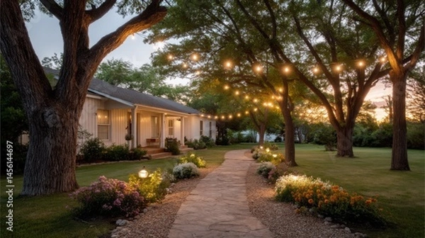 Fototapeta Twinkling string lights hang above a picturesque stone pathway lined with vibrant flowers, leading to an elegant home during a serene dusk in an upscale West neighborhood